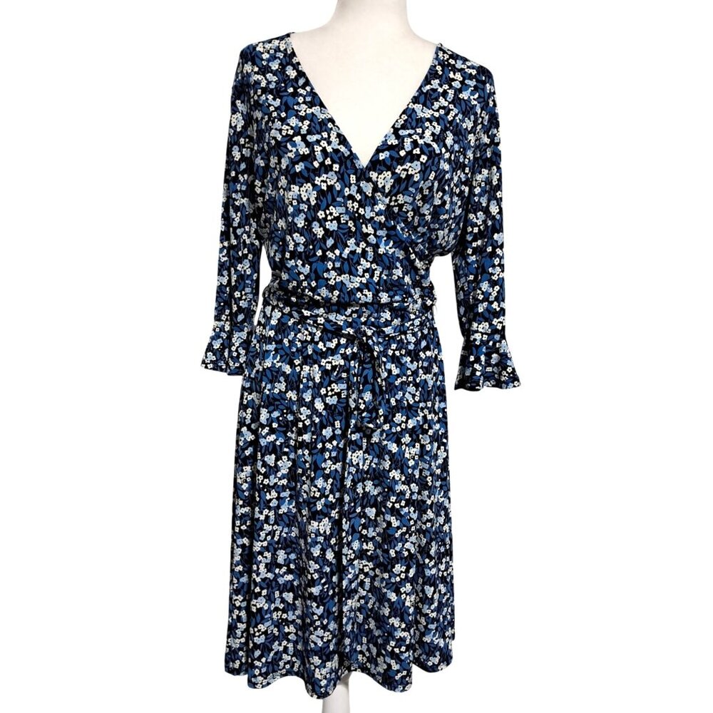 Leota Dress Womens L Blue White Floral Print Wrap Professional Midi Length
